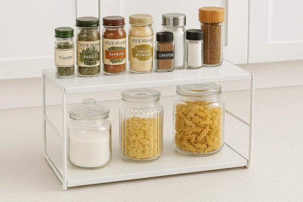 1 Stackable Kitchen Cabinet Shelf Organizer for Countertop Storage Heavy Duty Metal Spice Rack for Pantry Cupboard Organization White Small Size