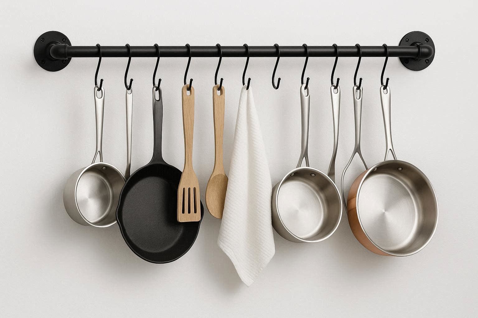 Wall Mounted Pot and Pan Rack with 10 Hooks Industrial Pipe Style Hanging Organizer for Kitchen Cookware Utensils Towels Matte Black - Image 1