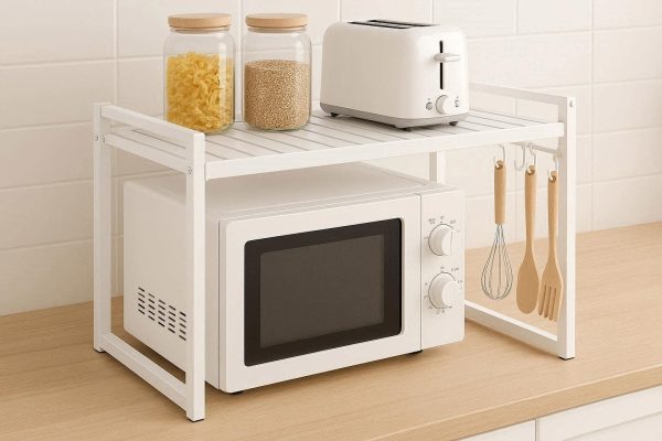 14 Microwave Oven Rack Stand Expandable Carbon Steel Kitchen Countertop Organizer with 3 Hanging Hooks for Toaster Baker Spice Storage White