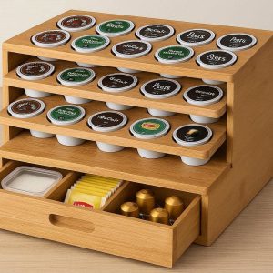 15 Coffee Pod Holder for K Cups 3 Tier Bamboo Coffee Station Organizer with Drawer for Creamer Sugar Tea Bags Espresso Capsule Storage