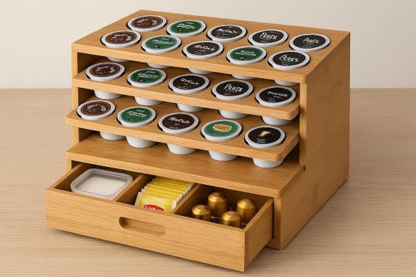 Coffee Pod Holder for K Cups 3 Tier Bamboo Coffee Station Organizer with Drawer for Creamer Sugar Tea Bags Espresso Capsule Storage