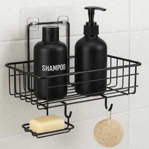 16 Adhesive Shower Caddy Basket Shelf for Bathroom Storage Rustproof Stainless Steel No Drilling Wall Mounted Organizer with Hooks for Soap Shampoo Black
