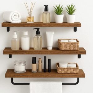 18 Floating Wall Shelves for Bathroom Set of 3 Natural Wood Storage Rack with Towel Bar for Wall Decor Cosmetics Toiletries Organization Brown