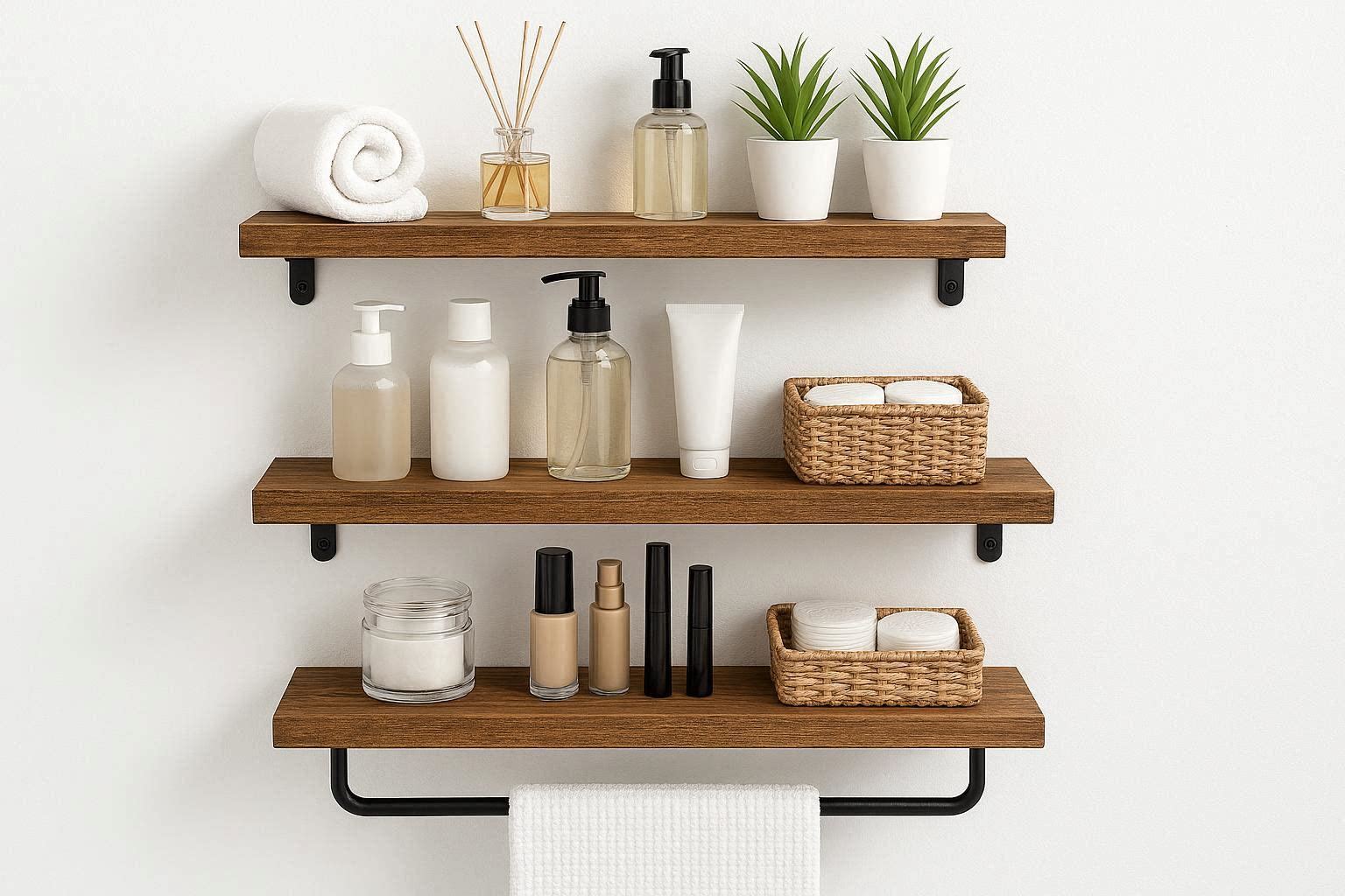Floating Wall Shelves for Bathroom Set of 3 Natural Wood Storage Rack with Towel Bar for Wall Decor Cosmetics Toiletries Organization Brown - Image 1