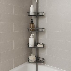 19 Corner Shower Caddy Tension Pole 4 Tier Adjustable Bathroom Stand for Tub and Shower Height Extendable Rust Resistant Steel Shelves Grey