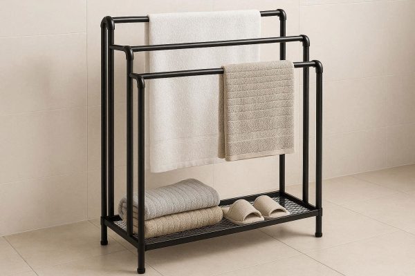 22 Multi Tier Bathroom Floor Standing Towel Rack Heavy Duty Metal Storage Organizer with 3 Bars and Bottom Mesh Shelf for Blankets Slippers