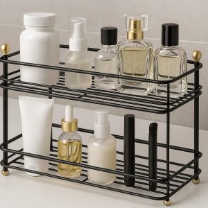 23 Double Layer Bathroom Vanity Countertop Organizer Tray Steel Wire Makeup Storage Rack for Medicines Lotions Fragrances Modern Design Black and Gold