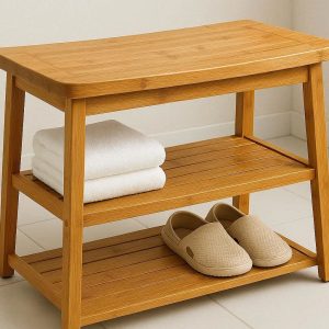 25 Bamboo Bathroom Bench with 2 Tier Storage Shelf Waterproof Spa Seat for Shower Entryway Organizer Sturdy Wood Stool for Towels Shoes Natural