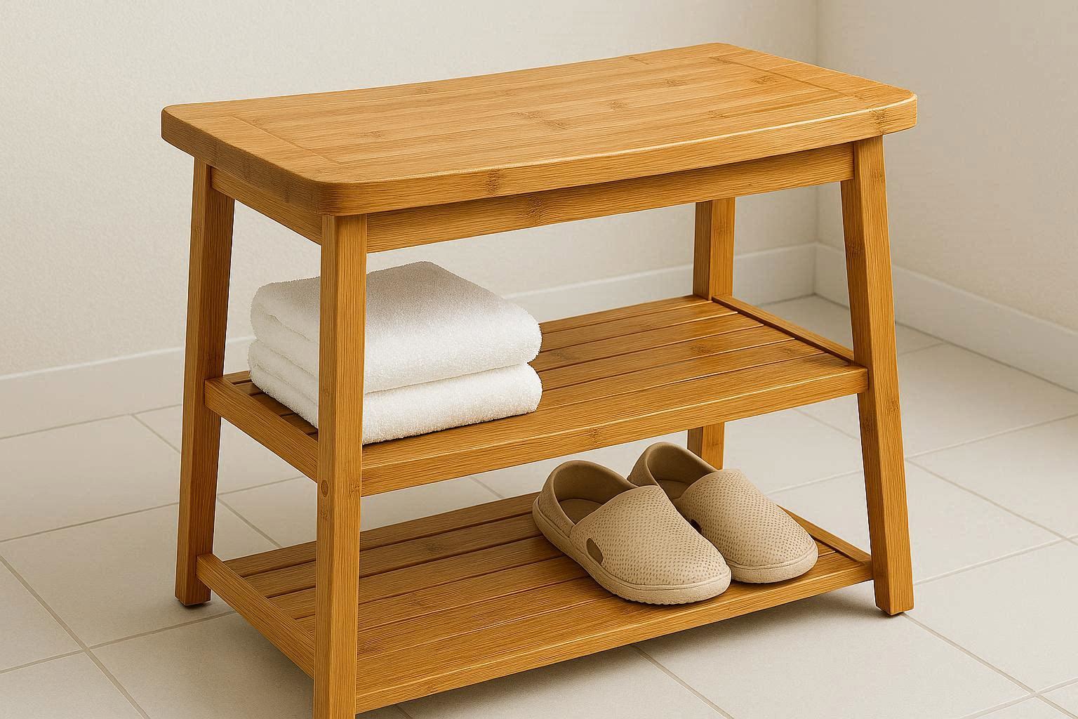 Bamboo Bathroom Bench with 2 Tier Storage Shelf Waterproof Spa Seat for Shower Entryway Organizer Sturdy Wood Stool for Towels Shoes Natural - Image 1