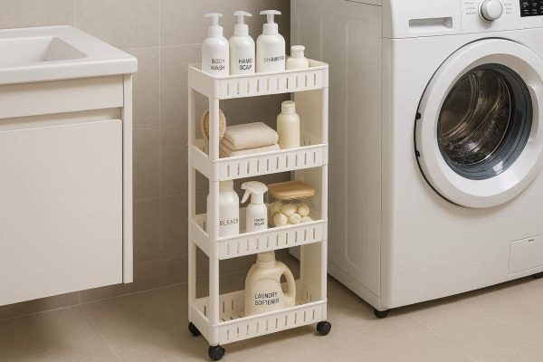26 Narrow Slide Out Bathroom Storage Cart 4 Tier Slim Rolling Pantry Shelf for Small Spaces Gap Organizer with Wheels for Toiletries Laundry