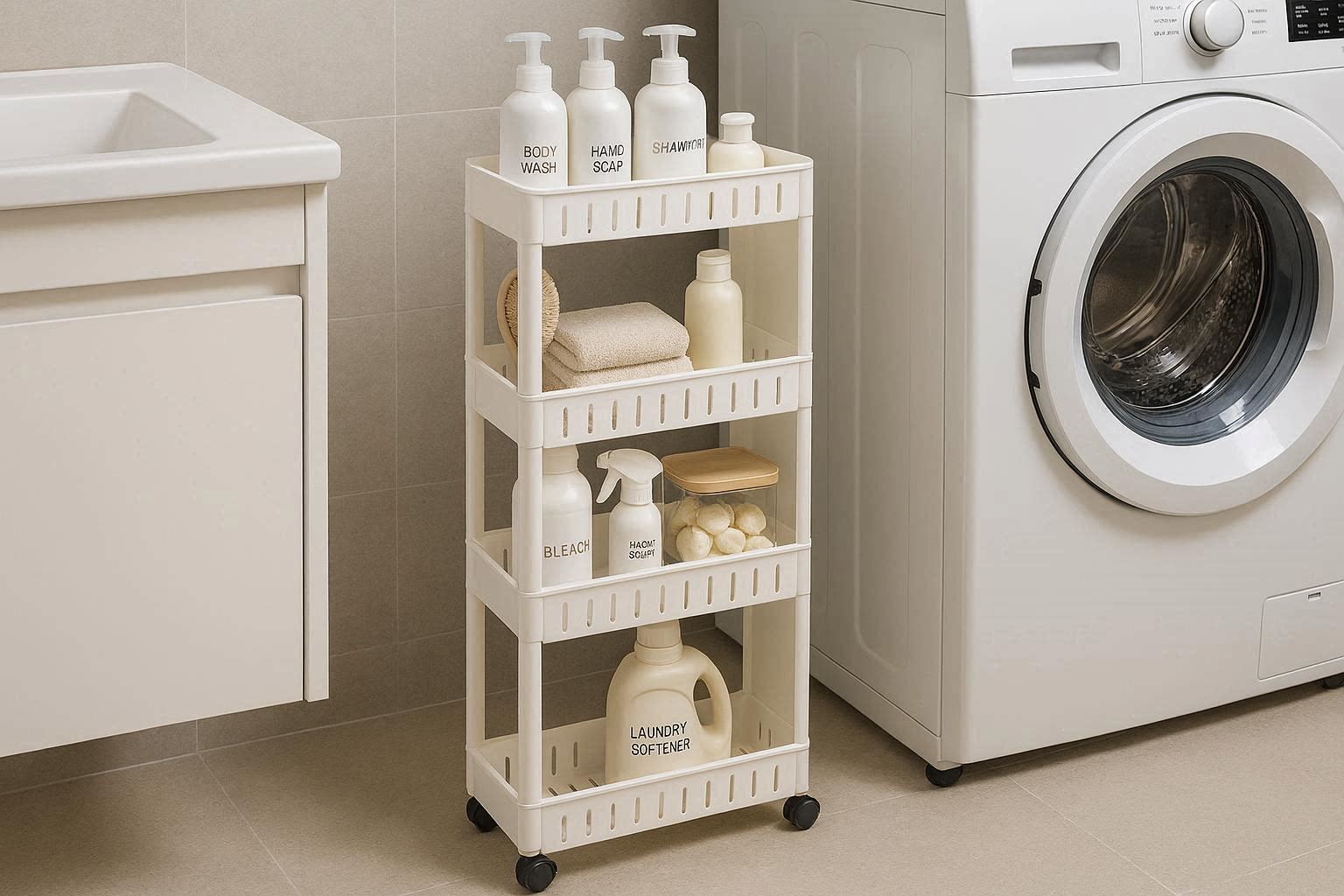 Narrow Slide Out Bathroom Storage Cart 4 Tier Slim Rolling Pantry Shelf for Small Spaces Gap Organizer with Wheels for Toiletries Laundry - Image 1