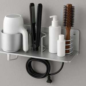 Wall Mounted Hair Dryer Holder with Power Cord Organizer Multi Functional Bathroom Storage Rack for Flat Irons Brushes Hair Care Tools Silver