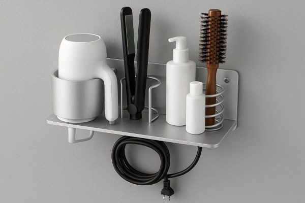 Wall Mounted Hair Dryer Holder with Power Cord Organizer Multi Functional Bathroom Storage Rack for Flat Irons Brushes Hair Care Tools Silver