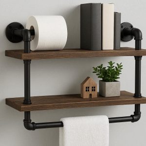 Industrial Pipe Bathroom Wall Shelf with Towel Bar 2 Tier Rustic Wood Floating Storage Rack for Toilet Paper Books Decor Matte Black