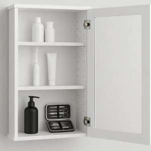 Mirror Cabinet Bathroom Wall Storage Organizer with Single Door and Adjustable Internal Shelves Medicine Cupboard for Toothbrushes Grooming Kit White