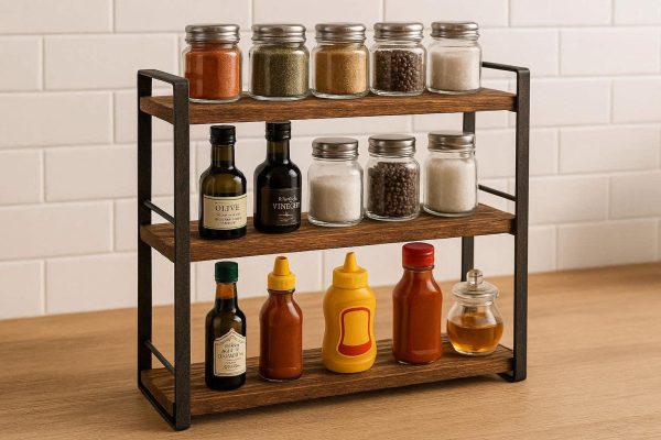 6 Rustic Wood and Metal Kitchen Countertop Spice Rack 3 Tier Standing Shelf Organizer for Condiments Jars Bottles Home Decor Brown