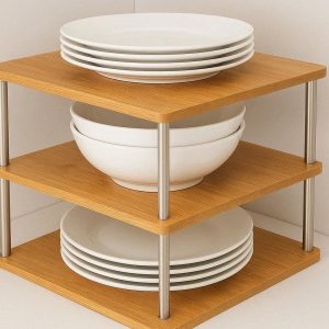 8 Corner Kitchen Cabinet Shelf Organizer 3 Tier Bamboo and Stainless Steel Storage Rack for Plates Bowls Dishes Pantry Space Saving